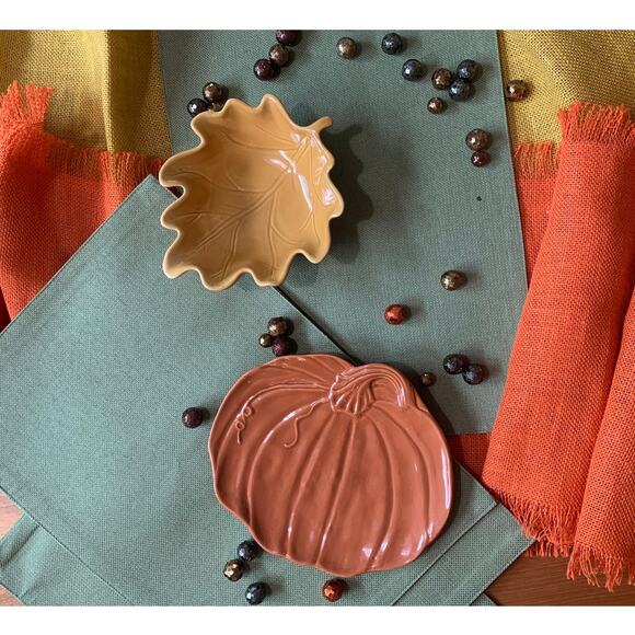 Pier 1 Fall Pumpkin Plate & Leaf Bowl, Stoneware, Petit Fours, Appetizers, set/2 - Picture 7 of 9
